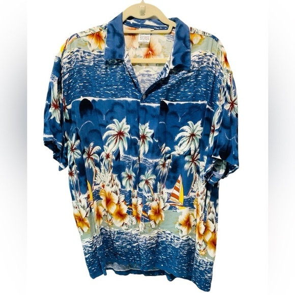 Vtg Men’s Hawaiian Shirt Orchids Sailboats Water Palm Trees Blue Multicolor Sz L - Picture 1 of 5